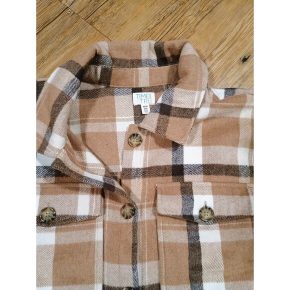 Time And Tru Jacket Womens 3XL Tan White Plaid Shacket Flap Pockets Button Up - Picture 3 of 7